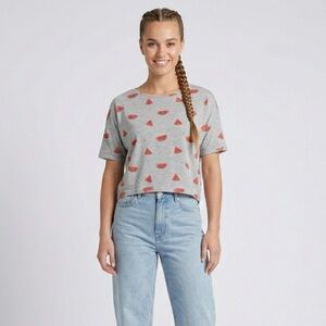 050 TOM TAILOR Women's Short Sleeve Oversized Cotton Watermelon Tee, Grey, Small